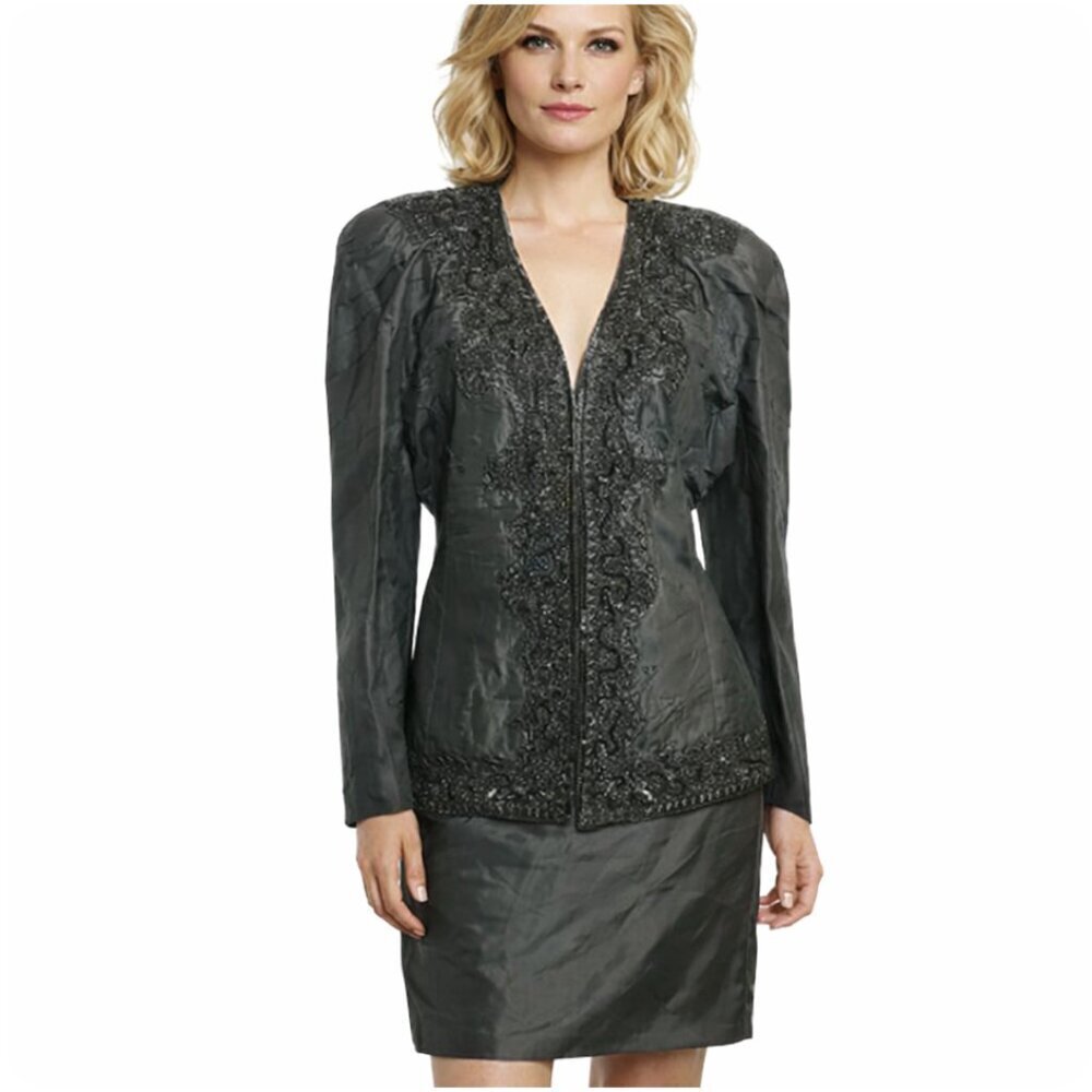 vintage 80’s Fabrice New York Couture Black silk beaded skirt suit size Large
